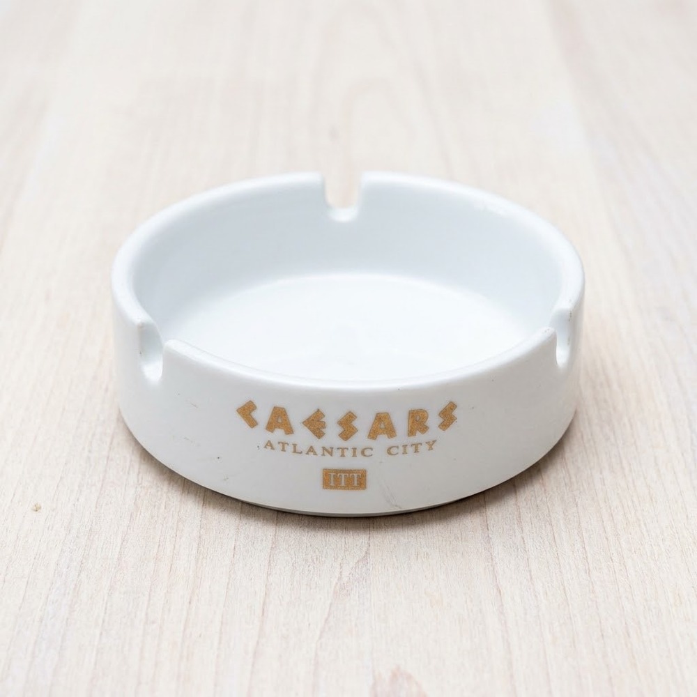 Vintage Caesars Atlantic City ITT Ceramic Ashtray White Gold Casino Souvenir